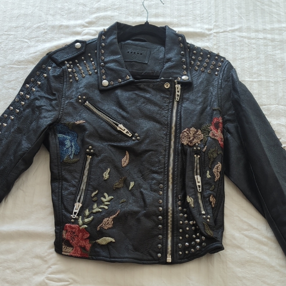 Blank NYC Studded Black Leather Jacket with Floral Design
